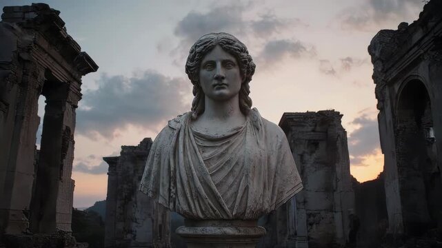 Ancient roman statue bust in a ruins scene under dusky sky. The sculpture is a relic of classical antiquity. 