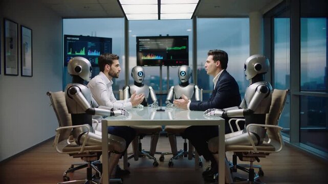 Business executives negotiating with humanoid robots in high-tech boardroom. Future of artificial intelligence in corporate decision making. Panning and tilting camera movement.