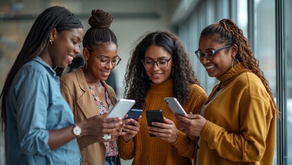Obraz premium Friends Use Mobile Phones While Standing Indoors in a Bright Space During the Day