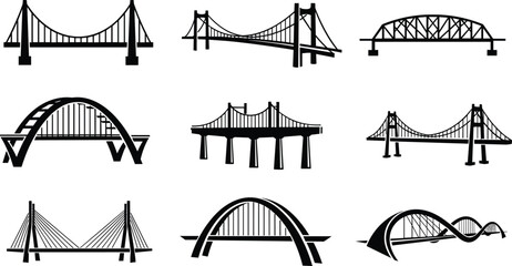 Black and white of various bridge types suspension bridge arch bridge beam bridge