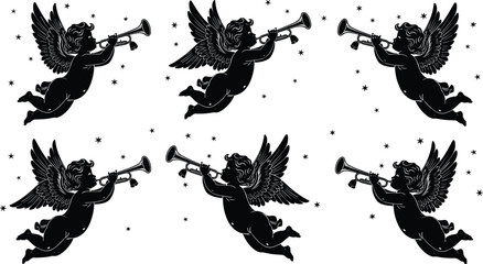 Flying angel silhouettes playing trumpets with stars, vintage religious cherub pattern in black vector style isolated on white background © Dulal Creatives