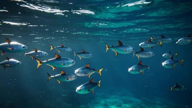 School of fish swimming in clear blue ocean water. Split level view showing sky and underwater marine life. Lockdown shot.