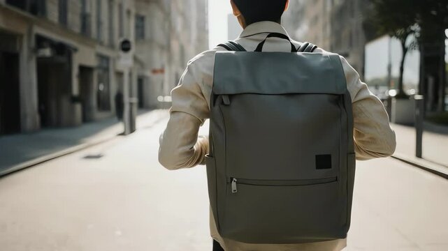 Person carrying backpack walking down city street between tall buildings