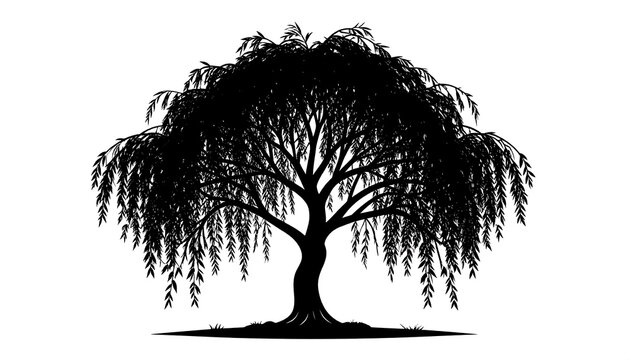 Silhouette of a Weeping Willow Tree Against a White Background.