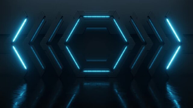 Abstract neon background with colorful hexagon beams of light. Futuristic studio concept with bright laser animation and reflective floor. Seamless loop.