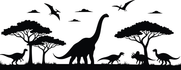 Black silhouettes of various dinosaurs and trees on a white background prehistoric © Obaidul Vector Zoon