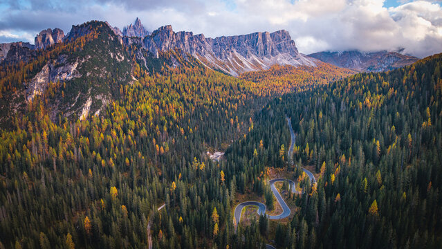 Serpentinenstra&szlig;e im herbstlichen Nadelwald der Dolomiten in den Alpen