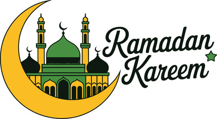 Obraz premium Ramadan kareem greeting with mosque silhouette and crescent moon design