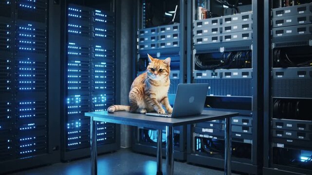 Orange tabby cat typing on laptop keyboard in server room. Feline system administrator working in data center. Static wide shot.