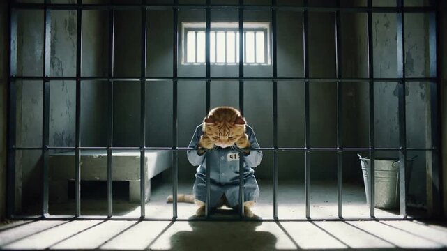 Tabby cat prisoner sitting behind bars in jail cell. Zoom out from ginger feline wearing blue inmate uniform with identification number.