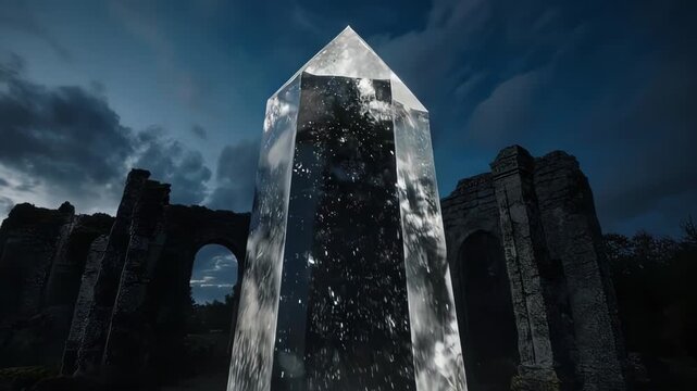 Glass Obelisk at Twilight with Historic Ruins