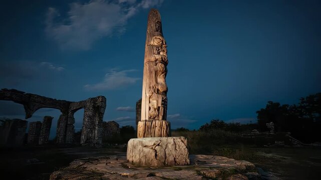 Ancient stone pillar with detailed carvings, under a twilight sky with a visible ruin in background