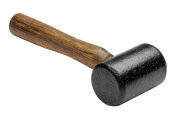 A rubber mallet with a black head and a wooden handle, subtle scuff marks on the rubber and visible natural wood grain isolated on transparent background.