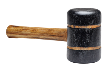 A rubber mallet with a black head and a wooden handle, subtle scuff marks on the rubber and visible natural wood grain isolated on transparent background.