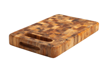 A thick end grain wooden cutting board with a handle slot, visible wood block mosaic pattern, slightly rounded edges, subtle knife marks and natural grain variation isolated on transparent background.