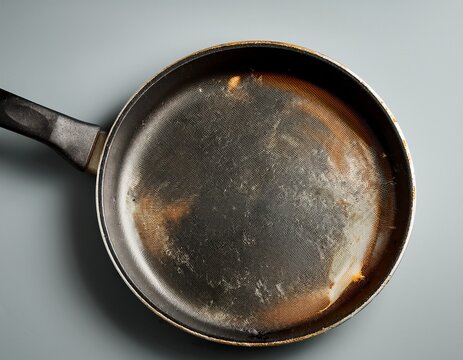 old frying pan with damaged non stick coating and deep scratches frying pan with pfoa substance possible carcinogen