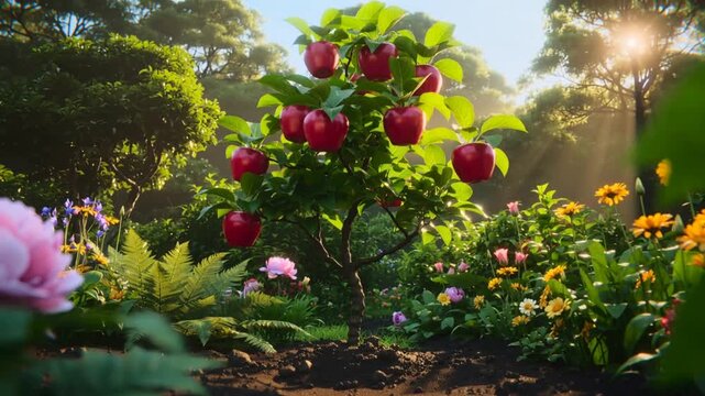 Lush orchard landscape featuring rapid maturation of fruit-bearing plant. Time-lapse sequence showing red apples ripening on branches in garden paradise.