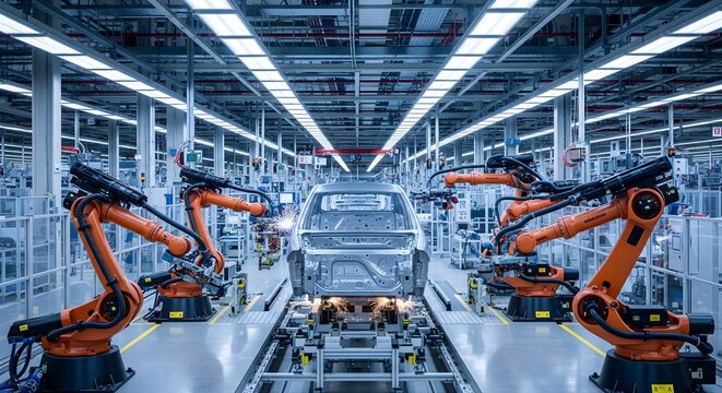Automated car assembly line with orange industrial robotic arms welding vehicle body parts in modern factory manufacturing plant facility equipped with advanced technology systems for production