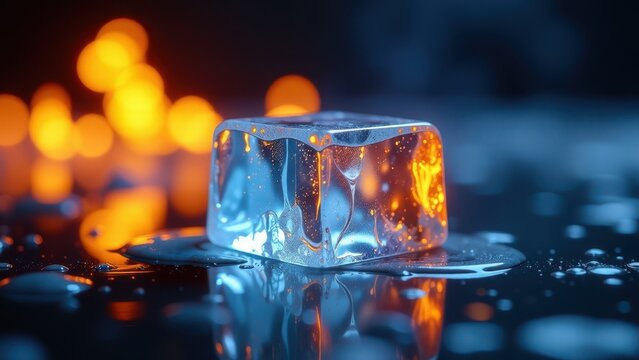 Melting ice cube with fire and water contrast