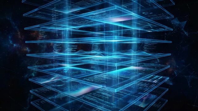Interconnected layers of data. A futuristic view, glowing with digital energy, representing a complex network of information and innovation.