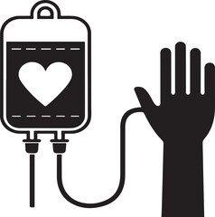 Fototapeta premium A simple black and white illustration depicts a medical iv drip bag with a heart symbol alongside a raised human hand symbolizing donation high-quality
