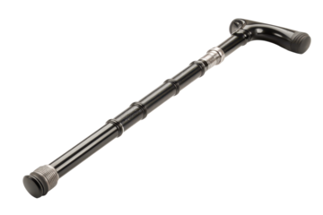 A lightweight folding mobility cane collapsed with an internal elastic cord, segmented joints, matte anodized finish and a rubber tip for stable support isolated on transparent background.