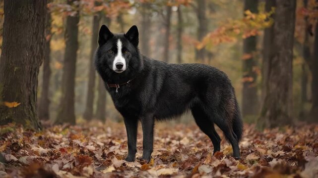 A black wolf standing amongst fallen autumn leaves in a forest 