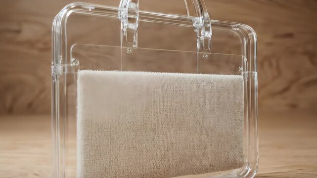 Transparent briefcase made of acrylic, resting on a wooden surface, with a square interior