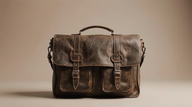 Vintage leather briefcase against a warm brown background, exuding timeless sophistication and understated luxury. 