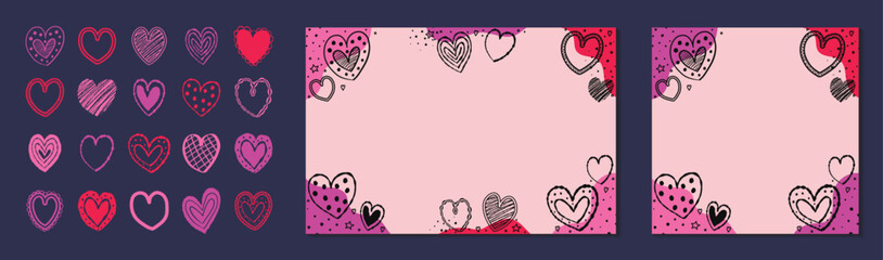 Background collection with cartoon hearts. Design with hand drawn elements for Valentine&rsquo;s Day, Mother&rsquo;s Day and Women&rsquo;s Day. Vector illustration