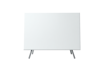 A blank tabletop signboard with a clean white rectangular panel mounted on two thin legs, smooth surface with subtle depth and a soft shadow isolated on transparent background.