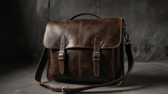 Elegant brown leather messenger bag with sturdy straps and buckles against dark background.