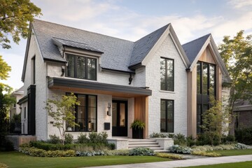 Modern house design in a suburban neighborhood featuring a blend of stone and wood elements with large windows and a well-kept garden during the afternoon hours on a sunny day
