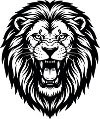 Obraz premium Lion Head Roaring Mascot Head Portrait Vector Illustration in Black and White Monochrome Style