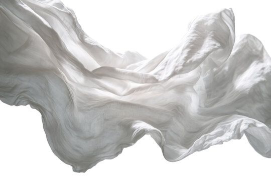 A soft white fabric cloth sheet mid wave with gentle flowing motion, visible folds and creases, slightly translucent highlights, irregular organic edges, no patterns and no stitching, airy floating te