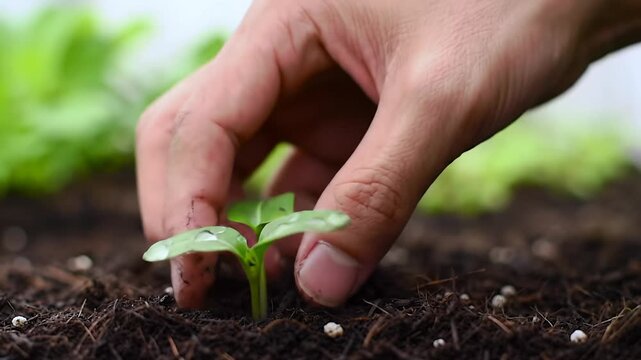 Ethnically ambiguous hand meticulously tends a vibrant green seedling in rich dark soil, then waters it with creamy bokeh. Slow-motion reveals an expansive eco-friendly vertical farm. Concept of