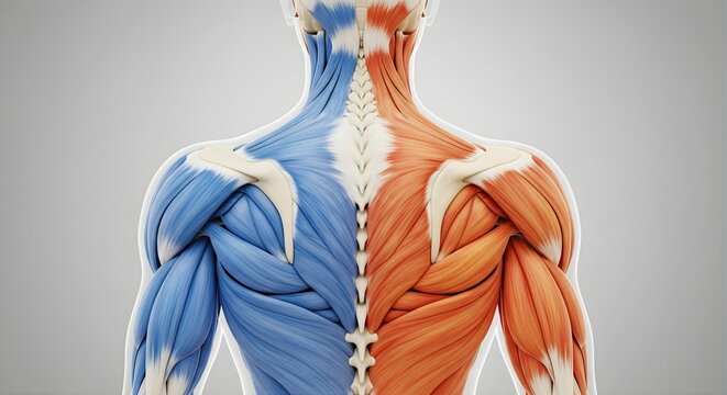 Detailed anatomical illustration of the human upper back and shoulder muscles with a spine, half in blue and half in orange to show muscle groups