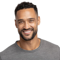 Obraz premium Smiling young adult man head and shoulders portrait with short hair, casual top, visible teeth, and soft natural facial shading isolated on transparent background.