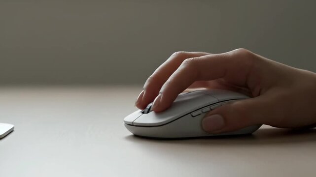 Close-up of a hand operating a computer mouse on a desk, digital interaction, technology concept
