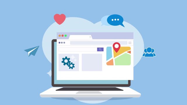 Laptop displaying web browser with map and social media icons.