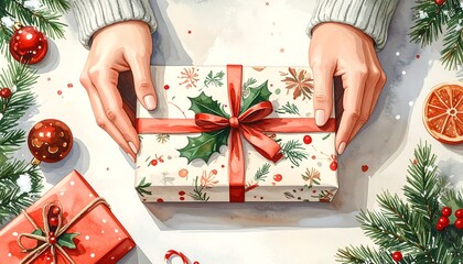 Hands Presenting a Christmas Gift Box with Festive Decorations.