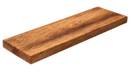 Long rectangular wooden plank shelf with warm wood grain lines, straight clean edges, smooth matte finish, and a soft shadow underneath isolated on transparent background.