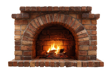 Obraz premium A brick fireplace with an arched opening, clearly stacked brick pattern, warm glowing fire inside, defined mantle edges and rich masonry texture isolated on transparent background.