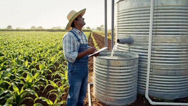 Farmer wearing a straw hat carefully inspects water levels being drawn from a large agricultural storage tank into a smaller collection barrel near his cornfield.