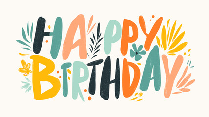 Obraz premium Happy birthday lettering combining playful design elements and vibrant colors. Happy birthday greeting text design with colorful leaves