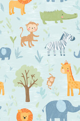 Fototapeta premium Safari animals pattern with giraffes, elephants, and lions on a light blue background. Cute cartoon jungle animals seamless pattern