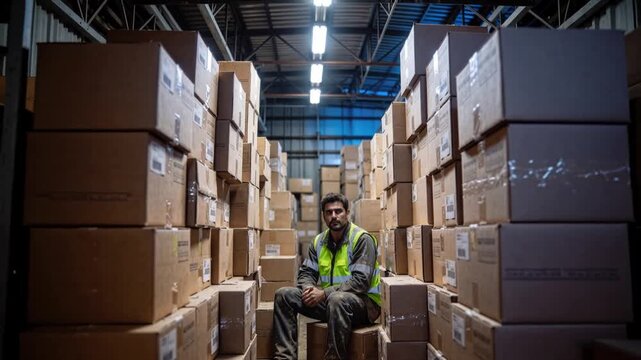 Exhausted warehouse worker sitting between tall stacks of cardboard boxes. Low angle view with vertical tilting camera movement.
