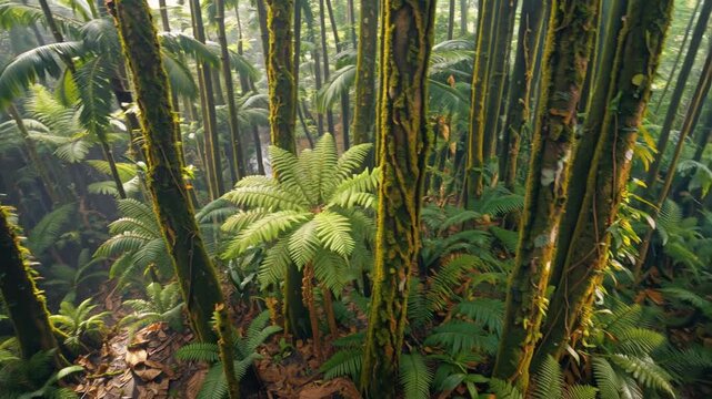Ancient prehistoric forest landscape featuring giant ferns and mossy trunks. Vertical camera tilt showing primordial jungle vegetation.
