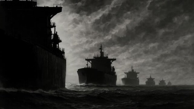 Shadow fleet of oil tankers navigating choppy ocean waters. Dark storm clouds gather over maritime convoy.