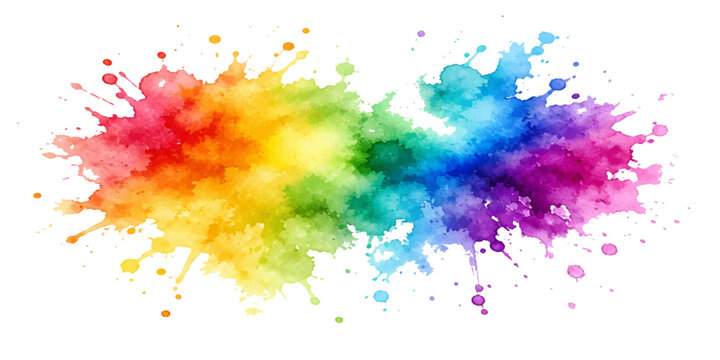 Vibrant rainbow watercolor ink splashes and artistic paint splatters create a colorful abstract design element with a grunge texture on a clean white background